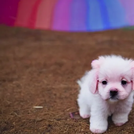 Image similar to a an adorable pink fluffy puppy with under a rainbow