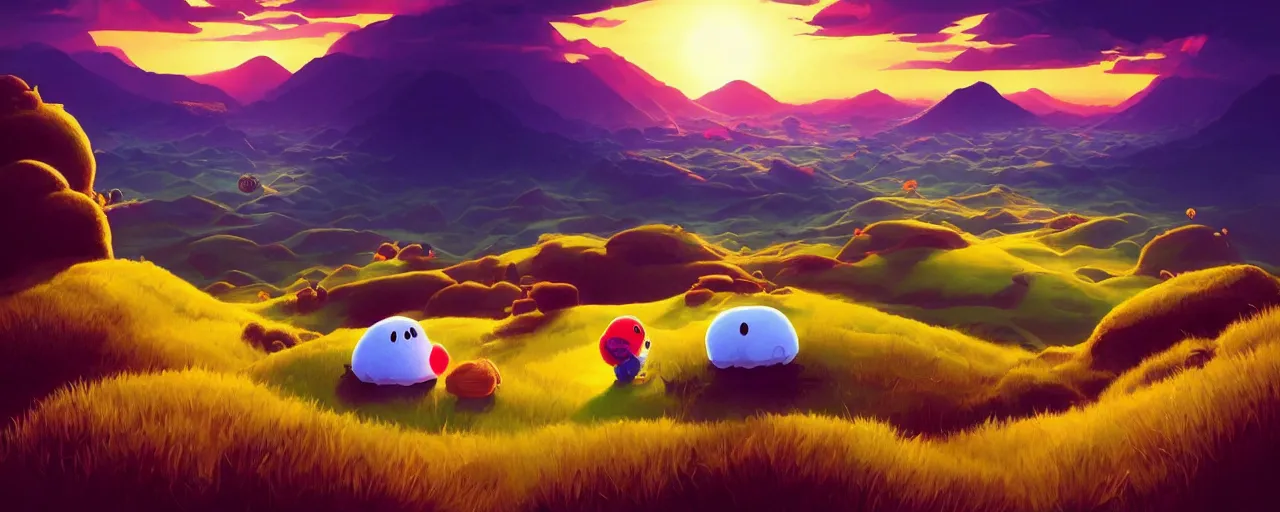 Image similar to detailed round pacman, with ghosts, in a beautiful nature landscape with clouds, mountains, in background, sunset, by rhads, round pacman, detailed, coherent