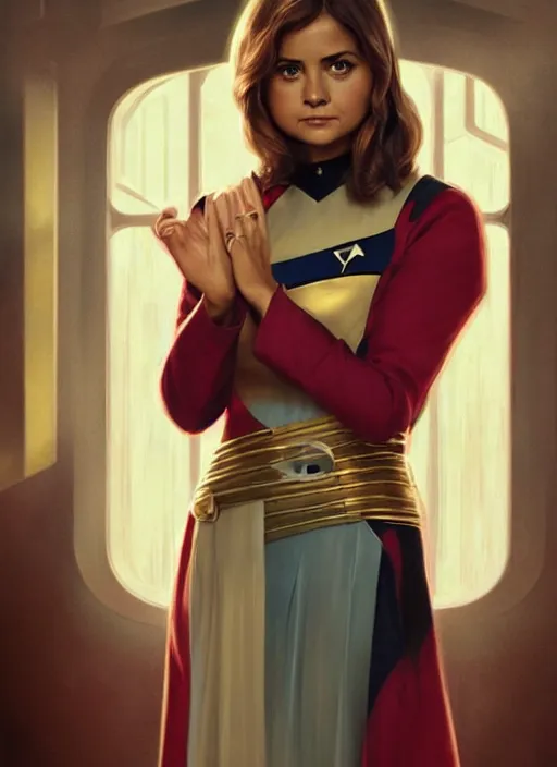 Image similar to jenna coleman as a star trek captain, a still from star trek painted by artgerm and greg rutkowski and alphonse mucha. clear highly detailed face, beautiful sci fi art