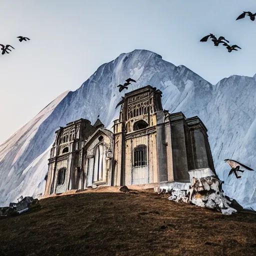 Image similar to photograph of an intimidating and mysterious cathedral built into the side of a Himalayan mountain at a high elevation, designed by I.M. Pei and Giger, cinematic lighting, dramatic masterpiece, magic hour, vultures flying in sky