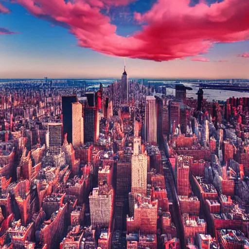 Image similar to dystopian, destroyed new york city, real, blue sky, smoke, red clouds, detailed, award winning, masterpiece, photograph, cinematic