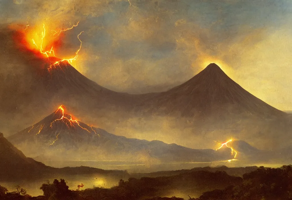 Prompt: a beautiful painting of a volcano oozing lava, pyroclastic clouds forming from the mouth of the volcano with lightning inside, in the background there are other mountains and a thick forest, there's a lake in the foreground with lush vegetation by albert bierstadt, high resolution, excellent contrast, morning