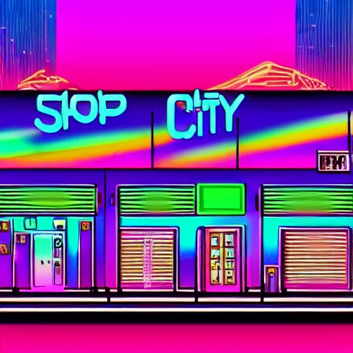 Image similar to chromatic, synthwave, 80's shop in a synthwave city