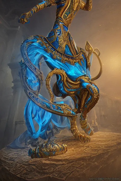 Image similar to fantasy greg rutkowski digital painting of an ornate and royal egyptian old twisted organic ornate engraved with gold wooden staff weapon with a radiant blue crystal on top tip hovering, unreal engine, hyper realism, realistic shading, cinematic composition, blender render, octane render, hdr, detailed textures, photorealistic, 3 5 mm film