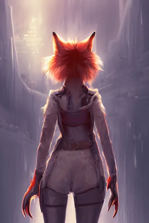 Image similar to an anthropomorphic cyberpunk fox with a fluffy tail, backlighting, trending on artstation, digital art, furry art, trending on furaffinity, fantasy art, by kawacy, view from behind