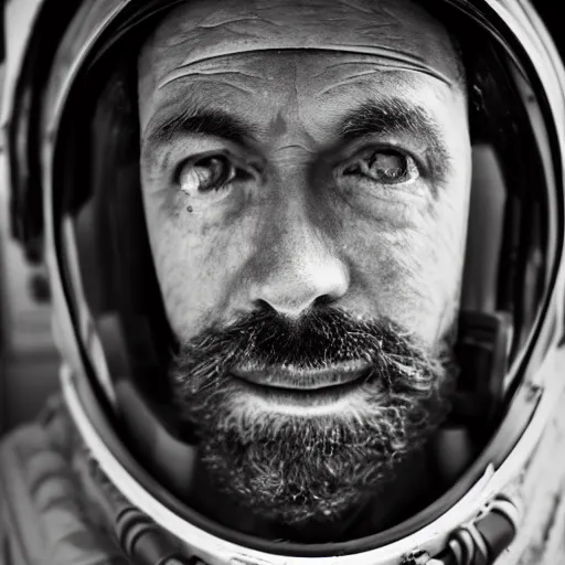 Prompt: space miner by Bruce Paddington, portrait, film, bearded, tense look, dusty atmosphere, mining in space, science fiction