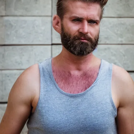 Image similar to close up of face of good looking 4 0 year old slavic blond man with blond stubble, very short wavy blond hair in a short pompadour style, very dark blue eyes, wearing a tank top, hairy shoulders, hairy chest, portrait, 4 k