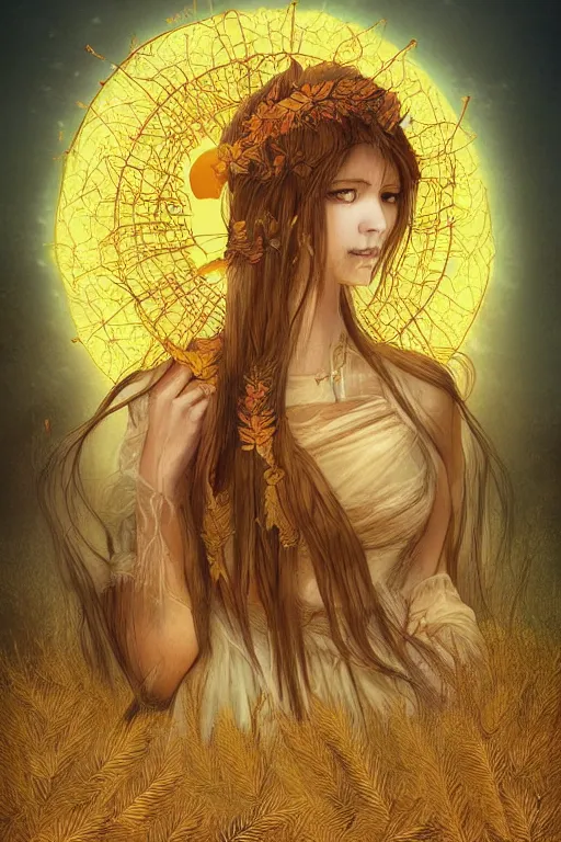 Image similar to The goddess of autumn harvest, tranquility, beautiful face, long hair, wearing wheat yellow gauze, comic style, sense of atmosphere, goddess, by wlop