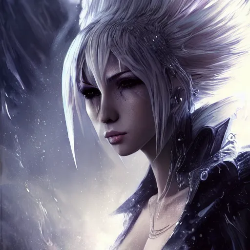 Image similar to kerli koiv, final fantasy, darkwave, darksynth character portrait, sharp, digital matte painting, anime key art by luis royo, greg rutkowski, wlop, dramatic lighting, trending on artstation