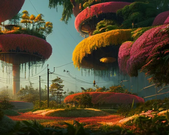 Image similar to The Empress’ hanging, swirling gardens, golden hour, Jakub Kasper, Makoto Shinkai, Simon Stålenhag, matte painting, featured in artstation, octane render, cinematic, elegant, intricate, 8k