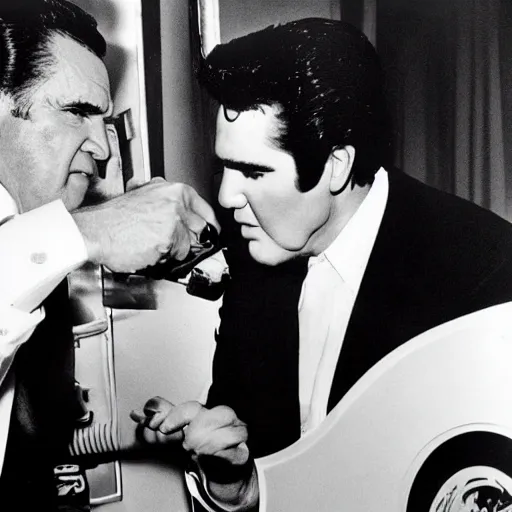 Image similar to an award winning photograph of Richard Nixon and Elvis Presley fighting crime, Life magazine