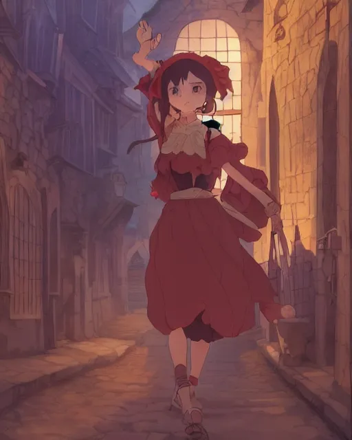 Image similar to key anime visual portrait of a young female walking through a medieval village, dynamic pose, dynamic perspective, detailed silhouette, film grain, face by yoh yoshinari, detailed, intricate