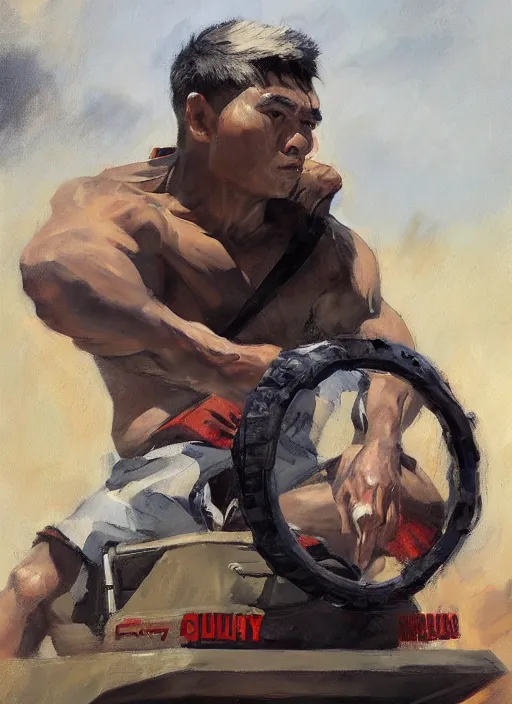 Image similar to greg manchess side portrait of a filipino mma fighter sitting on a tank, organic painting, sunny day, matte painting, bold shapes, hard edges, street art, trending on artstation, by huang guangjian, gil elvgren, ruan jia, randy vargas, greg rutkowski