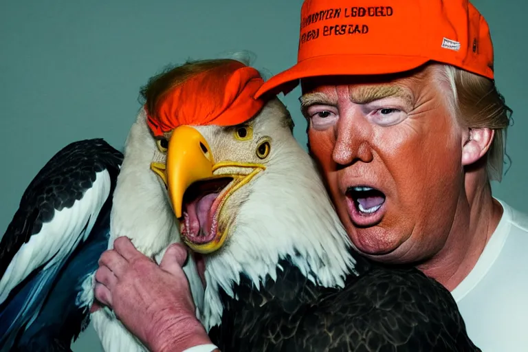 Image similar to Close-up portrait of Donald Trump in jail wearing orange clothes with an American bald eagle attacking him, octane, dramatic lighting, editorial photo, 35mm, very detailed