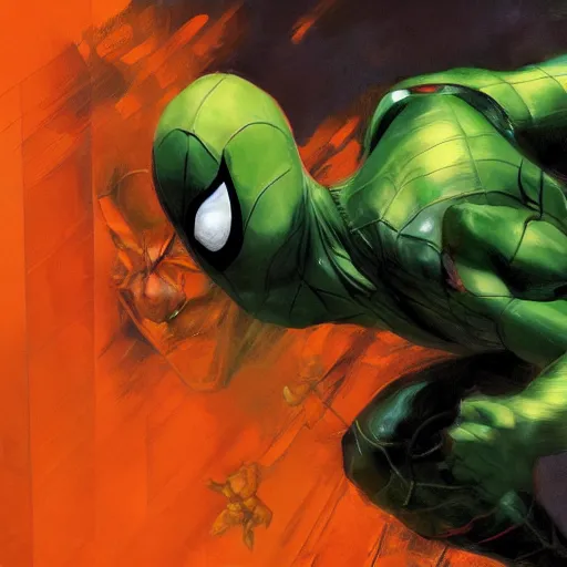 Image similar to an orange and green spiderman by ruan jia and marc silvestri