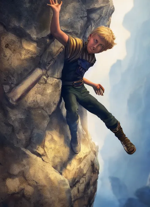 Prompt: An epic fantasy comic book style portrait painting of a young blonde boy thief climbing out of a hole, unreal 5, DAZ, hyperrealistic, octane render, cosplay, RPG portrait, dynamic lighting