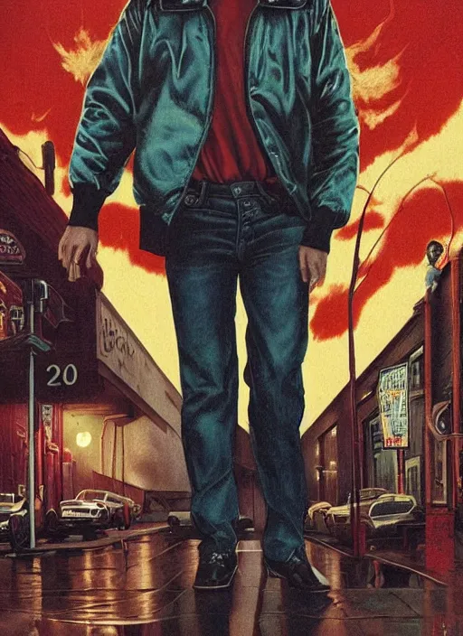 Image similar to ryan gosling in letterman jacket small town crime scene being hunted by the killer, twin peaks poster art, by michael whelan, rossetti bouguereau, artgerm, retro, nostalgic, old fashioned, 1 9 8 0 s teen horror novel cover, book,