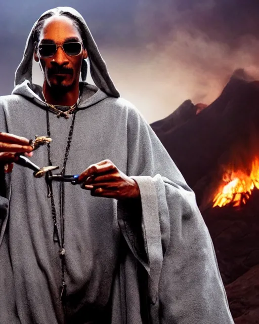 Image similar to Snoop Dogg in the role of Gandalf the Grey, balrog fighting scene in the cave, film still, amazing short, 8K, IMAX, ultra detailed