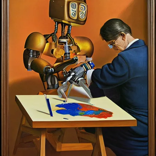 Prompt: robot artist artist painting a self portrait, by clyde caldwell, james c. christensen, george tooker