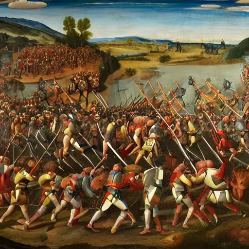 Image similar to a renaissance painting of a line of pikemen moving into battle, taken from the front.