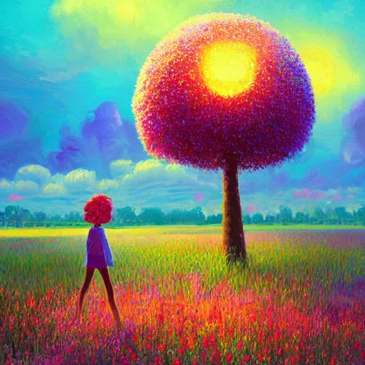 Image similar to girl with giant flower as a face, flower field, big trees, sunrise dramatic light, impressionist painting, colorful clouds, digital painting, pointillism, artstation, simon stalenhag