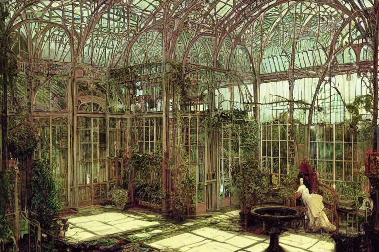 Prompt: a beautiful painting, filled with eerie ghosts of famous inventors, inside a large overgrown victorian greenhouse with large windows, warm lights, evening, stunningly beautiful art nouveau architecture, illustration by john atkinson grimshaw
