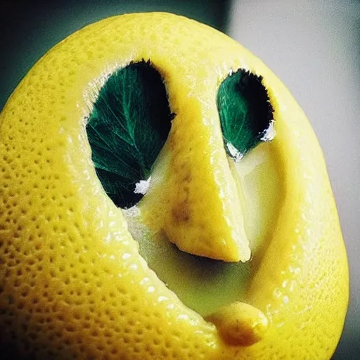 Prompt: “a close up of a lemon shaped with a realistic face of a pretty woman”