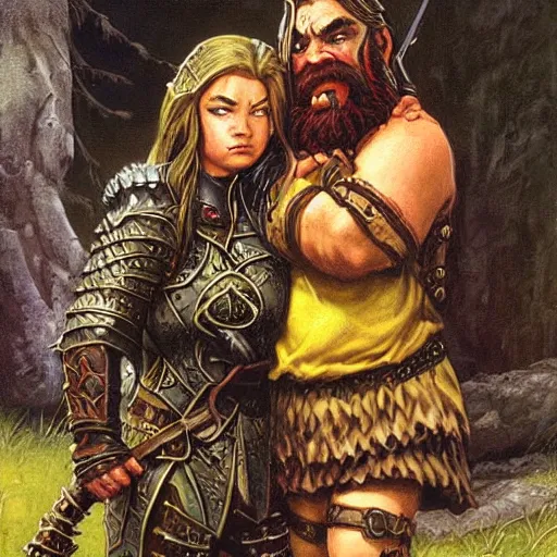 Prompt: a dwarf paladin comforting an elven female ranger. Grimdark fantasy art by Gerald Brom