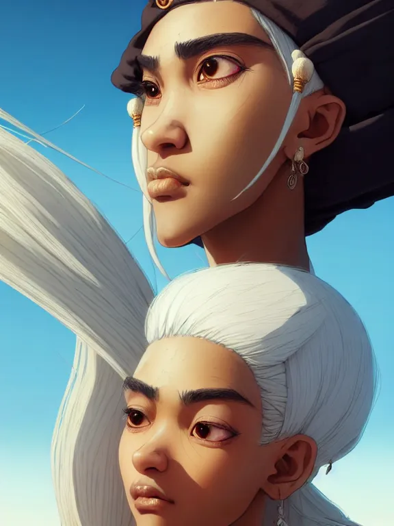 Prompt: close up picture of a cute robe girl with white hair brown skin and big knight colosuss, crossing the desert, beautiful and aesthetic, detailed face, intricate, highly detailed, smooth, sharp focus, trending on artstation, art by mika pikazo and yomu and ilya kuvshinov and rembrandt and greg rutkowski, fantasy illustration