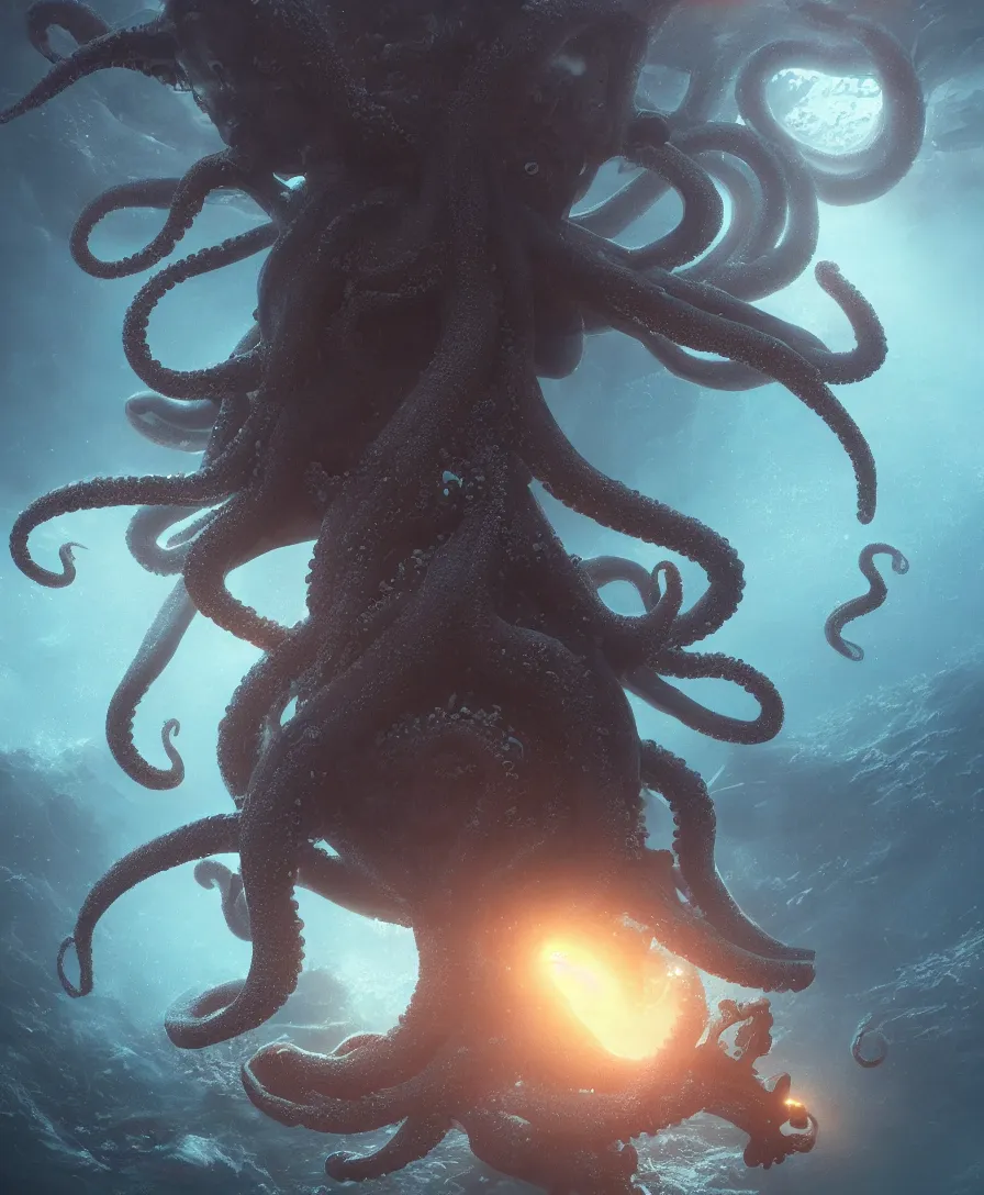 Image similar to giant octopus grabbing a small submarine underwater, illustrated by greg rutkowski, beautiful volumetric lighting style atmosphere, intricate, ultra detailed, photorealistic imagery, trending on artstation, octane render, 8 k