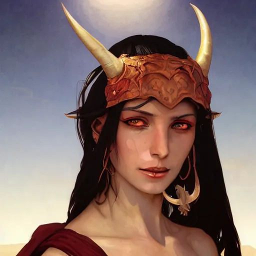 Prompt: portrait of a berber tiefling woman with red skin, devil horns and black hair in a desert, fantasy, seinen, highly detailed, digital painting, pixiv, concept art, character art, art by greg rutkowski, tyler jacobson, alphonse mucha, ross tran and makoto shinkai
