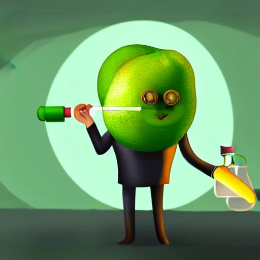 Prompt: a kiwifruit wearing a lab coat and goggles holding a test tube in a science lab, digital art, 8k, trending on artstation