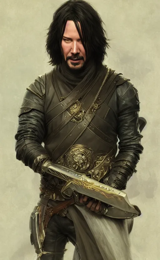 Image similar to keanu reeves as a rogue, d & d, fantasy, highly detailed, digital painting, artstation, concept art, matte, sharp focus, illustration, art by greg rutkowski and alphonse mucha