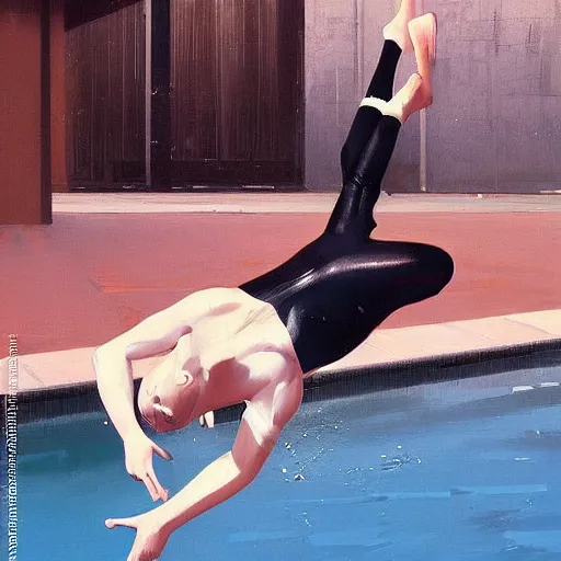Prompt: a blond lifeguard in a wetsuit swan diving into the pool. Kuvshinov ilya. Repin. Phil Hale. Masterpiece. Rule of thirds