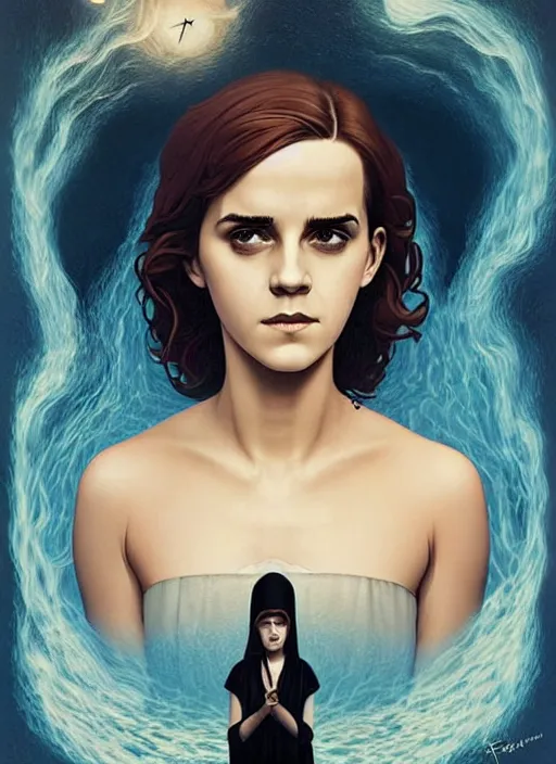 Prompt: poster artwork by Michael Whelan and Tomer Hanuka, Karol Bak of Emma Watson nun, repressing her feelings for her secret love from scene from Twin Peaks, clean