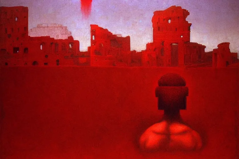 Image similar to only with red, caesar after war, the deal, a red tiger, in hoc signo vinces, rome in background, an ancient path, in the style of beksinski, part by hopper, part by rodcenko, part by hofbauer, intricate composition, red by caravaggio, insanely quality, highly detailed, masterpiece, red light, artstation