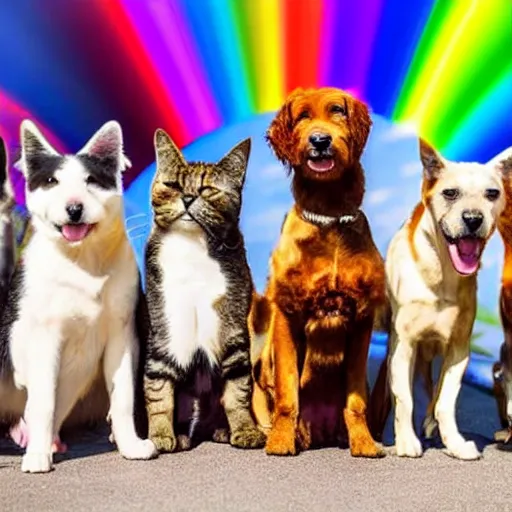 Image similar to a group of pet dogs and cats waiting patiently at the entrance to a glorious and heavenly rainbow bridge with tall heavenly golden gates at the entrance, real photo, detailed