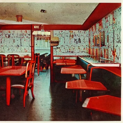 Image similar to late 70s eastern european haunted diner, interior design magazine photo