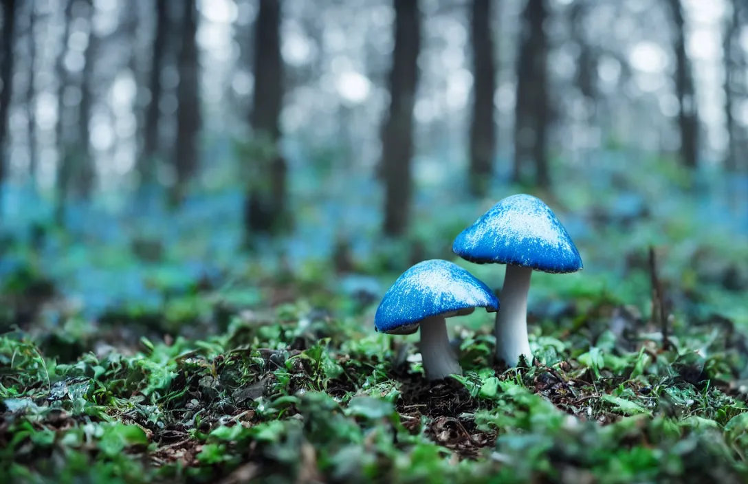 Prompt: blue forest, glowing mushrooms, sigma lens, strong bokeh, photography, highly detailed, 8 5 mm, f / 1. 3, fog, dusk