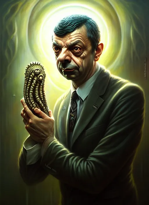 Image similar to lovecraft biopunk portrait of rowan sebastian atkinson by tomasz alen kopera and peter mohrbacher