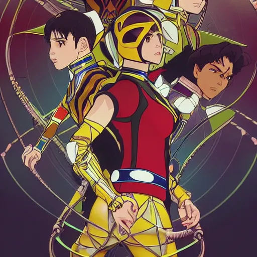 Anime depiction of the eiffel tower with power rangers