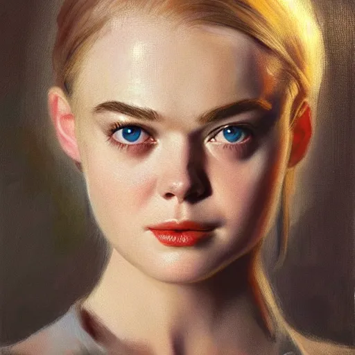 Prompt: ultra realistic portrait painting of elle fanning in soviet russia, art by frank frazetta, 4 k, ultra realistic, highly detailed, epic lighting