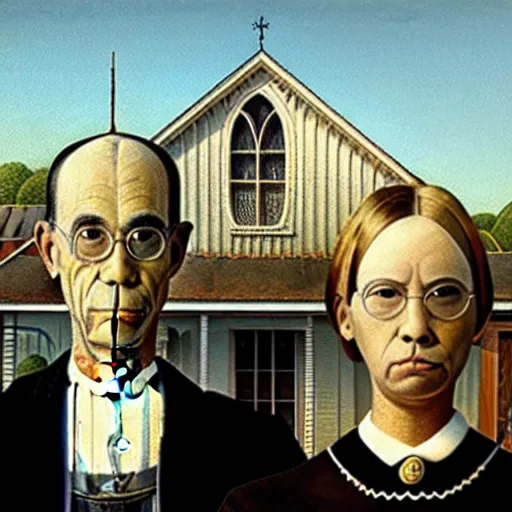 Image similar to american gothic but the man has a tabby cat face,