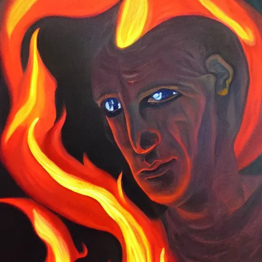 Prompt: Male god dealing with darkness and fire, oil painting