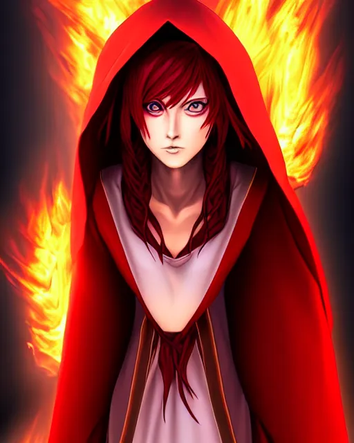 Prompt: portrait Anime sorceress with red hair; cloak with hood; she is summoning fire all around her; pretty face, realistic shaded Perfect face, fine details. Anime. realistic shaded lighting by Kim Jung Gi