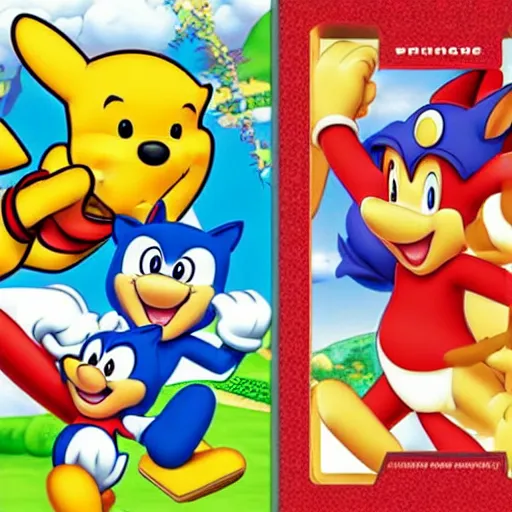 Image similar to photograph of winnie the pooh and super mario and sonic the hedgehog anime style, on pokemon card packs at target