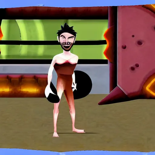 Prompt: character screenshot of ufc fighter sean o'malley in psychonauts, ps 2 platform game, dream world, sd video, cutscene, colorful hair, designed by scott campbell