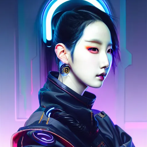 Image similar to portrait painting of kpop artist sunmi as a cyberpunk technician, ultra realistic, concept art, intricate details, eerie, highly detailed, photorealistic, octane render, 8 k, unreal engine. art by artgerm and greg rutkowski and magali villeneuve and alphonse mucha