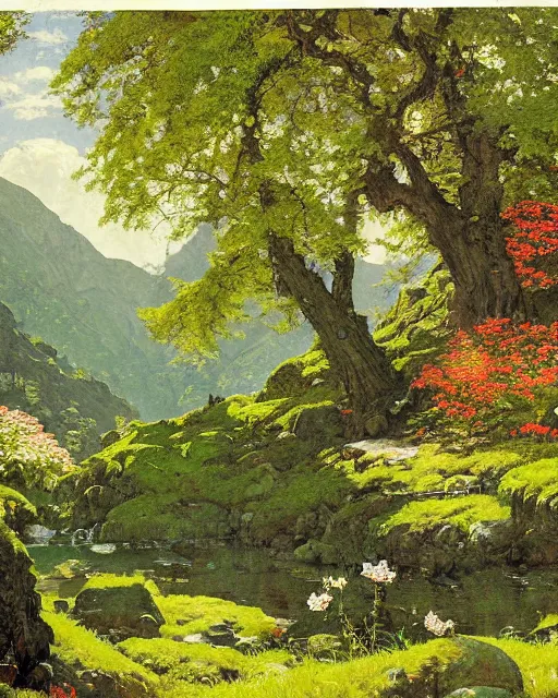 Image similar to detailed painting of a beautiful glen, untouched by humans for years, with a brooding fairy inside it. sunlight beams down on the scene and you can tell it is spring from the flowers. perhaps a party of adventurers or a lone traveler is entering the scene from the a path. by norman rockwell