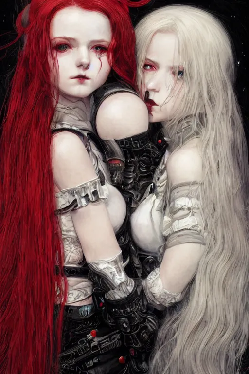 Prompt: portrait of two cute beautiful young goth maidens, red hairs and white hairs, cyberpunk, Warhammer 40000, gothic, highly detailed, artstation, illustration, art by Gustav Klimt and Range Murata